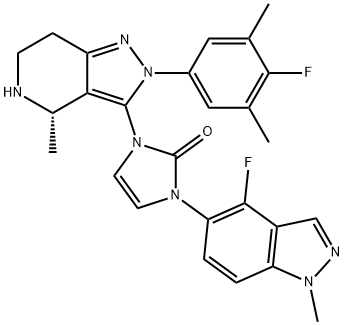 
												2212022-56-3 |
												(S)-1-(4-Fluoro-1-methyl-1H-indazol-5-yl)-3-(2-(4-fluoro-3,5-dimethylphenyl)-4-methyl-4,5,6,7-tetrahydro-2H-pyrazolo[4,3-c]pyridin-3-yl)-1,3-dihydro-2H-imidazol-2-one